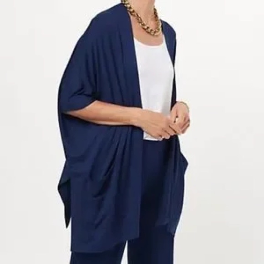 Susan Graver Navy Open Front Cardigan Asymmetrical Draped Hem Medium